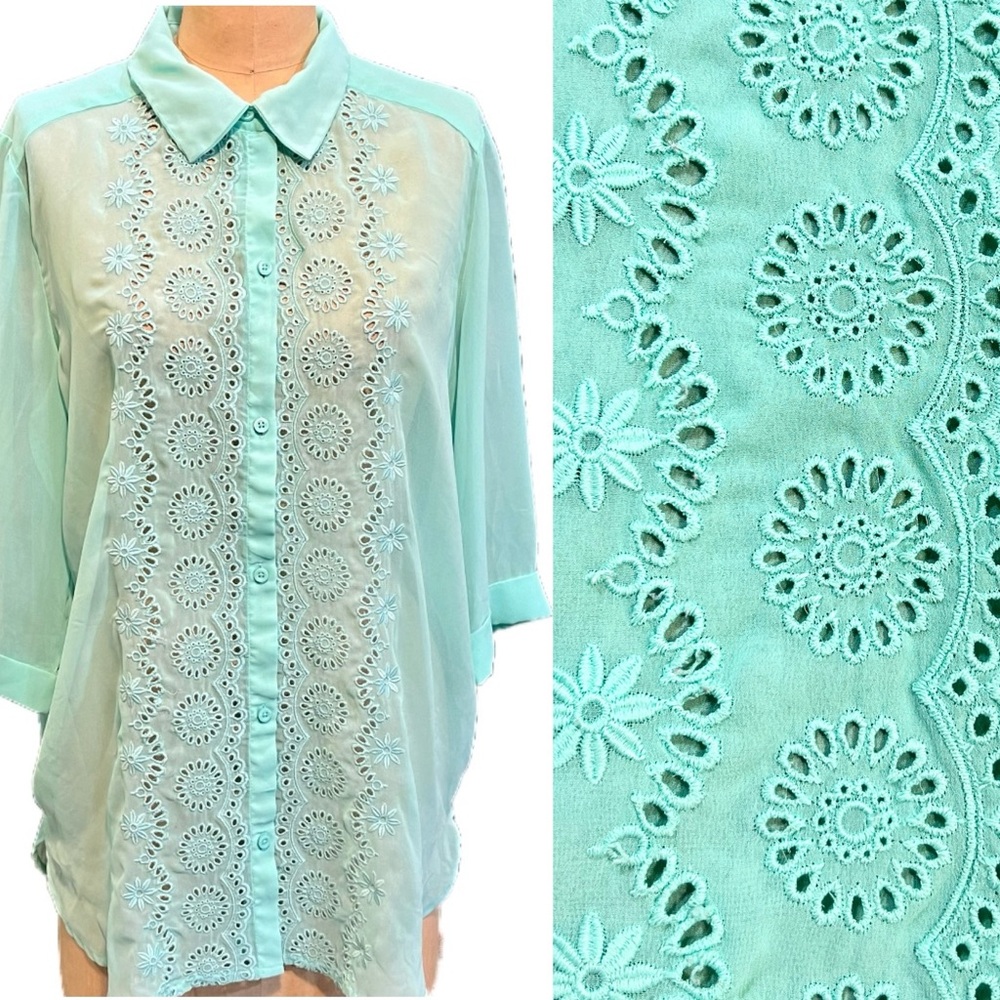 Seafoam aqua eyelet floral lace button down shirt blouse lightweight sheer beach - Picture 1 of 12